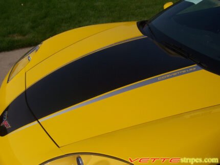 Yellow C6 Corvette coupe with black and silver ME stripe