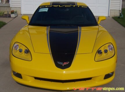 Yellow C6 Corvette coupe with black and silver ME stripe