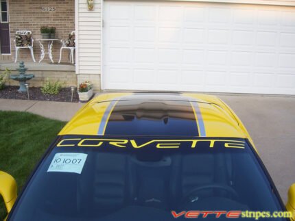 Yellow C6 Corvette coupe with black and silver ME stripe