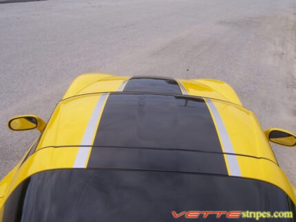 Yellow C6 Corvette coupe with black and silver ME stripe