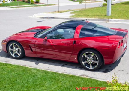 Crystal red C6 Corvette with metallic black MA stripe