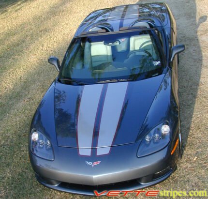 Cyber gray C6 Corvette with metallic silver and maple red DE stripe