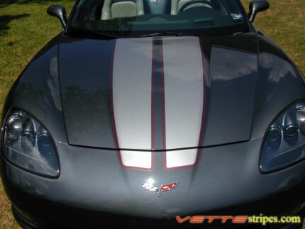 Cyber gray C6 Corvette with metallic silver and maple red DE stripe