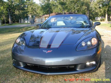 Cyber gray C6 Corvette with metallic silver and maple red DE stripe