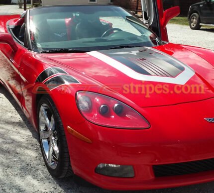 Red C6 Corvette convertible with black and silver GT3 stripe