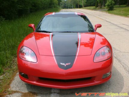 Red C6 Corvette with black and silver ME stripes