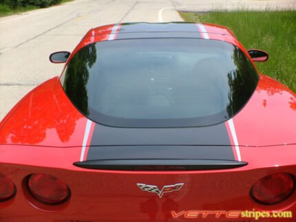 Red C6 Corvette with black and silver ME stripes