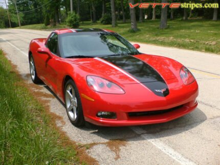 Red C6 Corvette with black and silver ME stripes