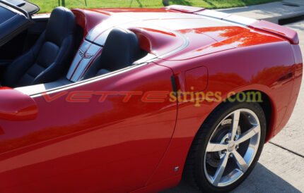 Red C6 Corvette with metallic silver GM full body racing stripe 2