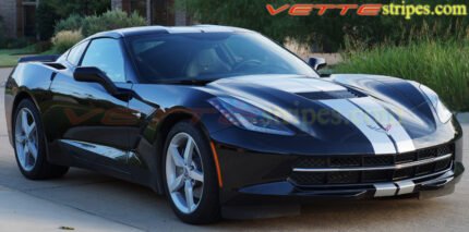 Black C7 corvette stingray with metallic silver GM full racing stripe