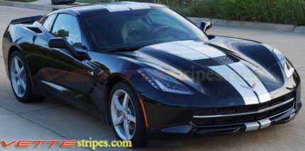 Black C7 corvette stingray with metallic silver GM full racing stripe