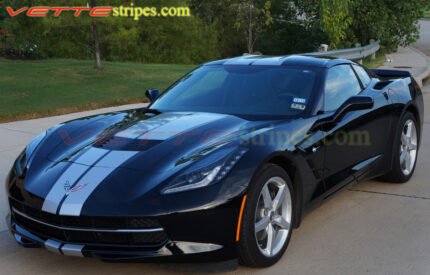 Black C7 corvette stingray with metallic silver GM full racing stripe