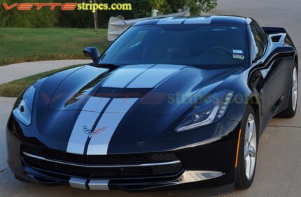 Black C7 corvette stingray with metallic silver GM full racing stripe