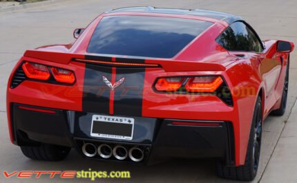 RedC7 corvette stingray with carbon flash GM full racing stripe and optional stingray logo cutout