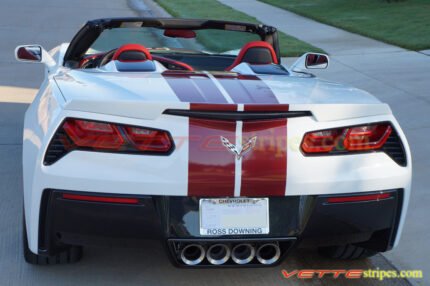 White C7 corvette stingray with crystal red GM full racing stripe