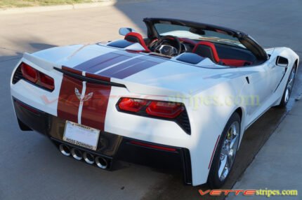 White C7 corvette stingray with crystal red GM full racing stripe