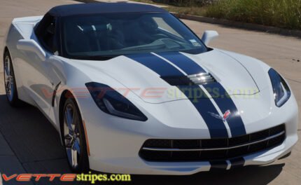 White C7 corvette convertible with dark blue GM full racing stripe to match dark blue top