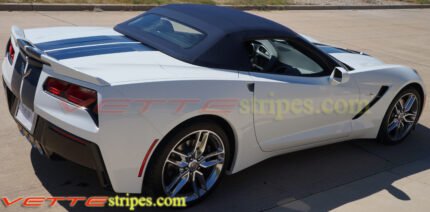 White C7 corvette convertible with dark blue GM full racing stripe to match dark blue top