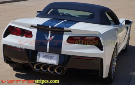 White C7 corvette convertible with dark blue GM full racing stripe to match dark blue top