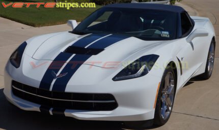 White C7 corvette convertible with dark blue GM full racing stripe to match dark blue top