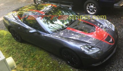 Cyber grey C6 coupe with gloss black red GT1 stripes and matte black jake skull option