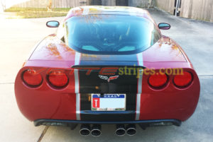 Magnetic red C6 Corvette with black gunmetal GT1 stripes