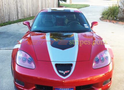 Magnetic red C6 Corvette with black gunmetal GT1 stripes