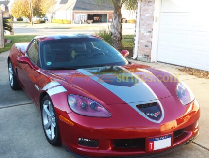 Magnetic red C6 Corvette with black gunmetal GT1 stripes