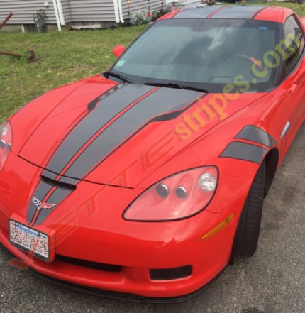 Red C6 Corvette Grand Sport with modified SE3 stripes in Anthracite and carbon fiber