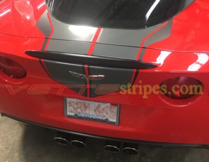 Red C6 Corvette Grand Sport with modified SE3 stripes in Anthracite and carbon fiber