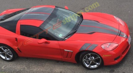 Red C6 Corvette Grand Sport with modified SE3 stripes in Anthracite and carbon fiber