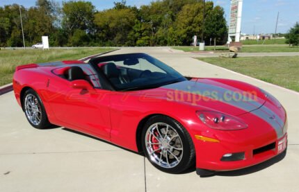 Red C6 corvette convertible with blade silver GM full length dual racing stripe 2