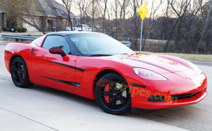 Red C6 Corvette coupe with black side stripe 3 graphic decals