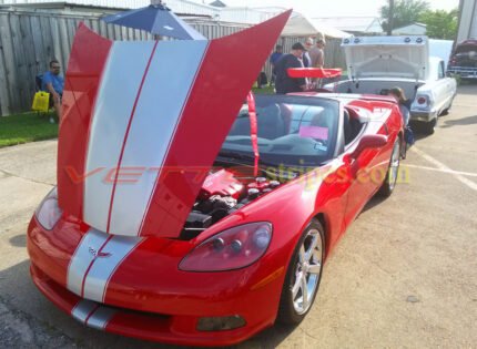 Red C6 corvette convertible with blade silver GM full length dual racing stripe 2