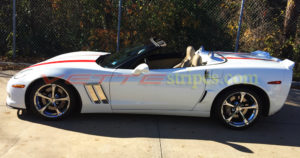 White C6 Corvette Grand Sport convertible with red Hero stripes
