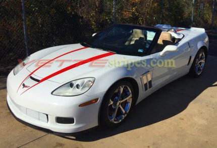 White C6 Corvette Grand Sport convertible with red Hero stripes