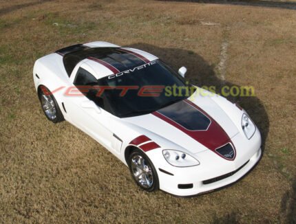 White C6 Corvette Grand Sport with black and metallic maple GT1 stripes