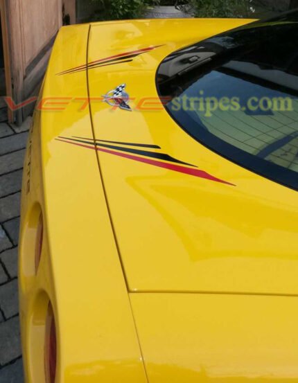 Yellow C5 corvette coupe with rear super hood stripe short option