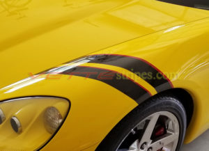 Yellow C6 with black and red fender hash marks stripe decal