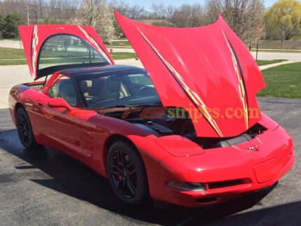 torch red c5 corvette with sandstone and black super hood stripe and outer hood spear