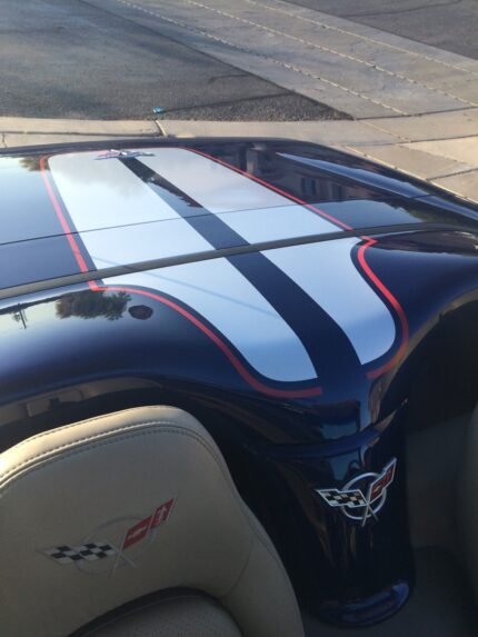 Lemans blue C5 Corvette with silver and red CE commemorative stripes