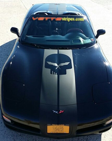 BlackC5 Corvette convertible with matte black racing stripe style 3 with optional jake skull cutout