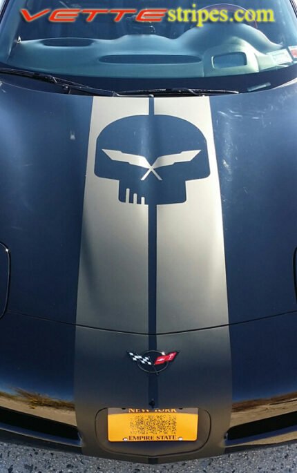 BlackC5 Corvette convertible with matte black racing stripe style 3 with optional jake skull cutout