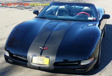 BlackC5 Corvette convertible with matte black racing stripe style 3 with optional jake skull cutout