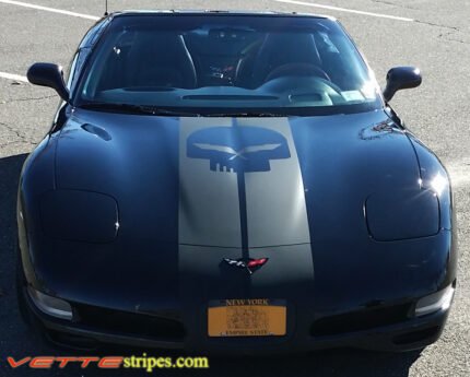 BlackC5 Corvette convertible with matte black racing stripe style 3 with optional jake skull cutout