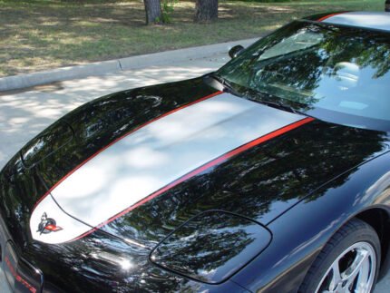 Black C5 Corvette coupe with silver and red ME stripe