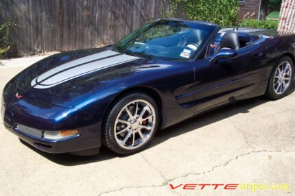 Navy blue C5 Corvette with silver CE commemorative stripes