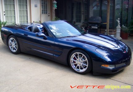 Navy blue C5 Corvette with silver CE commemorative stripes