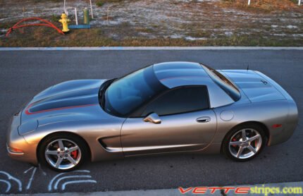 Pewter C5 Corvette with medium charcoal and red CE commemorative stripes