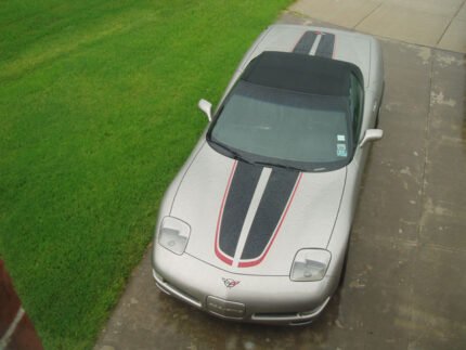 Pewter C5 Corvette with metallic black and red CE commemorative stripes